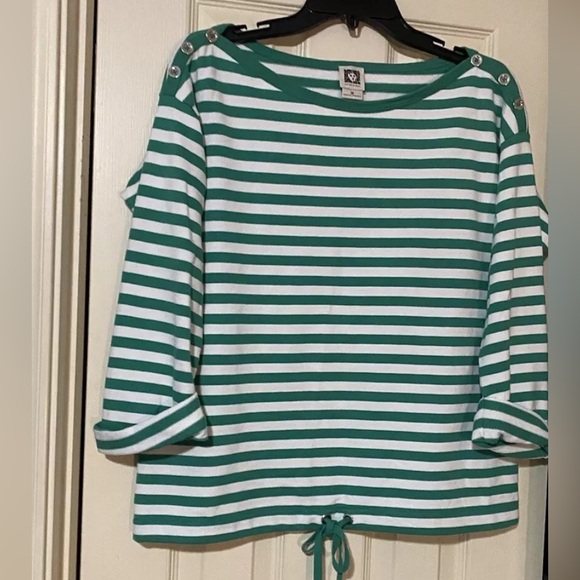Anne Klein  Women's Medium Pullover Sweater Top Green & White Stripe Drawstring - Picture 1 of 8